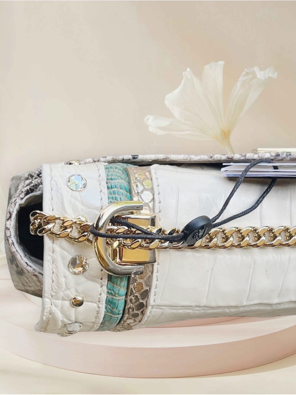 Brahmin NWT Leather Cream Croc-Embossed Convertible Bag w Teal & Brown Accents - Picture 13 of 15